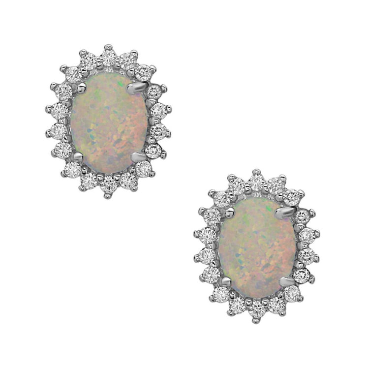 Sterling Silver Oval CZ with Center White Inlay Opal Earrings