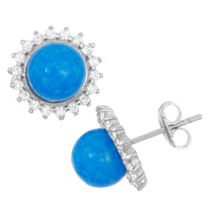 (SPECIAL ORD) Sterling Silver Round Blue Opal with CZ Earrings