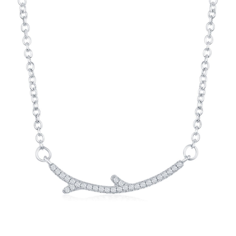 Sterling Silver  Thin CZ Branch-Like Bar Necklace