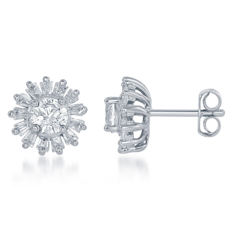 Sterling Silver Small Round CZ with Baguette Border Stud Earrings
