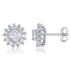 Sterling Silver Small Round CZ with Baguette Border Stud Earrings