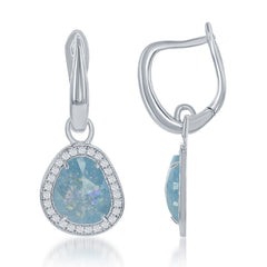 Sterling Silver Rounded Triangle Blue Ice with CZ Border Earrings