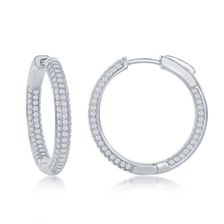 Sterling Silver 3x25mm Inside-Outside Micro Pave CZ Hoop Earrings