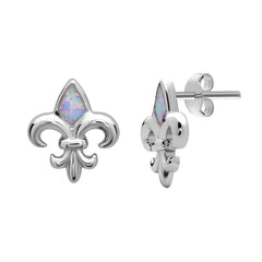 Sterling Silver White Inlay Opal Fleur De Lis Earrings