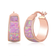 Sterling Silver Rose Gold Plated Pink Opal Wide Squares Small Hoop Earrings