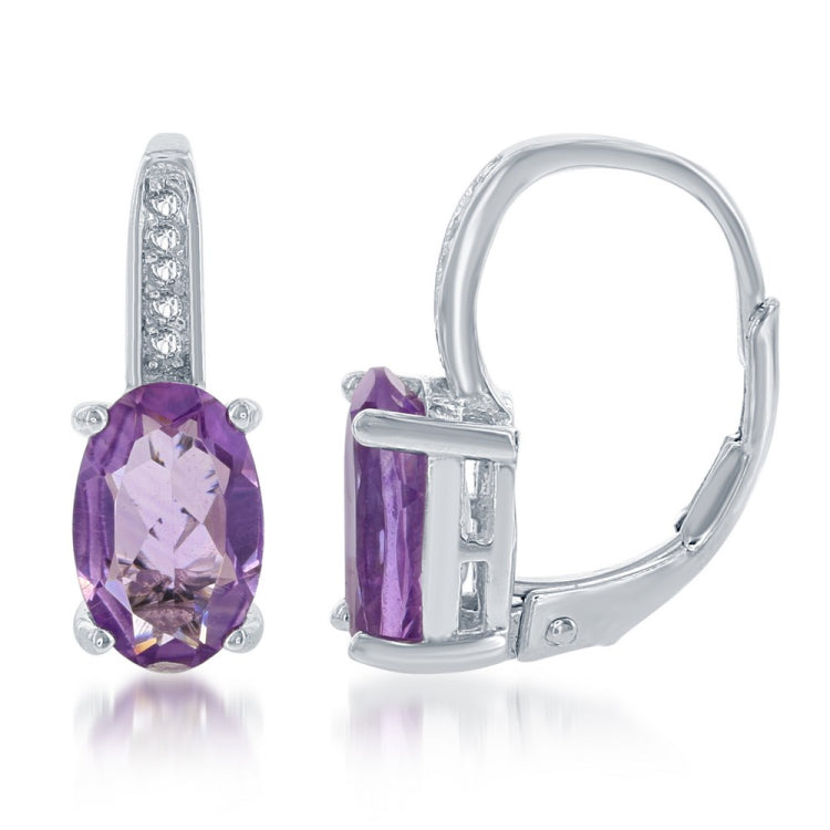 Sterling Silver Oval Amethyst with White Topaz Earrings