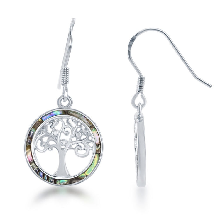 Sterling Silver Round Abalone with Center Tree of Life Earrings