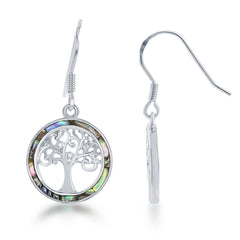 Sterling Silver Round Abalone with Center Tree of Life Earrings
