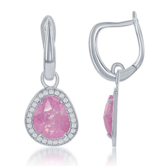 Sterling Silver Rounded Triangle Dark Pink Ice with CZ Border Earrings