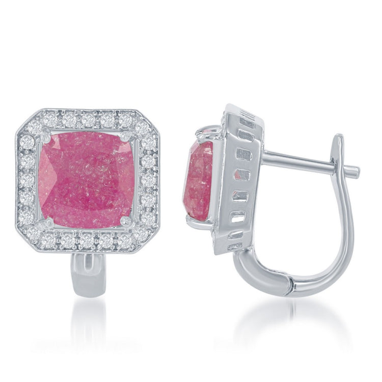 Sterling Silver Square Dark Pink Ice with CZ Border Earrings