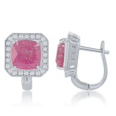 Sterling Silver Square Dark Pink Ice with CZ Border Earrings