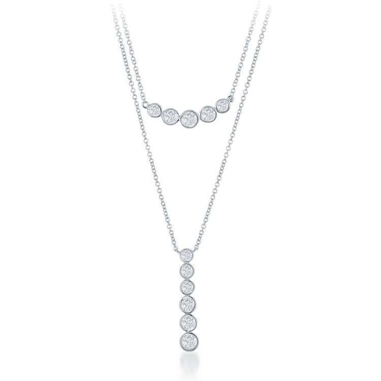 Sterling Silver  Double Strands with Curved CZ and Vertical Graduating CZ Necklace