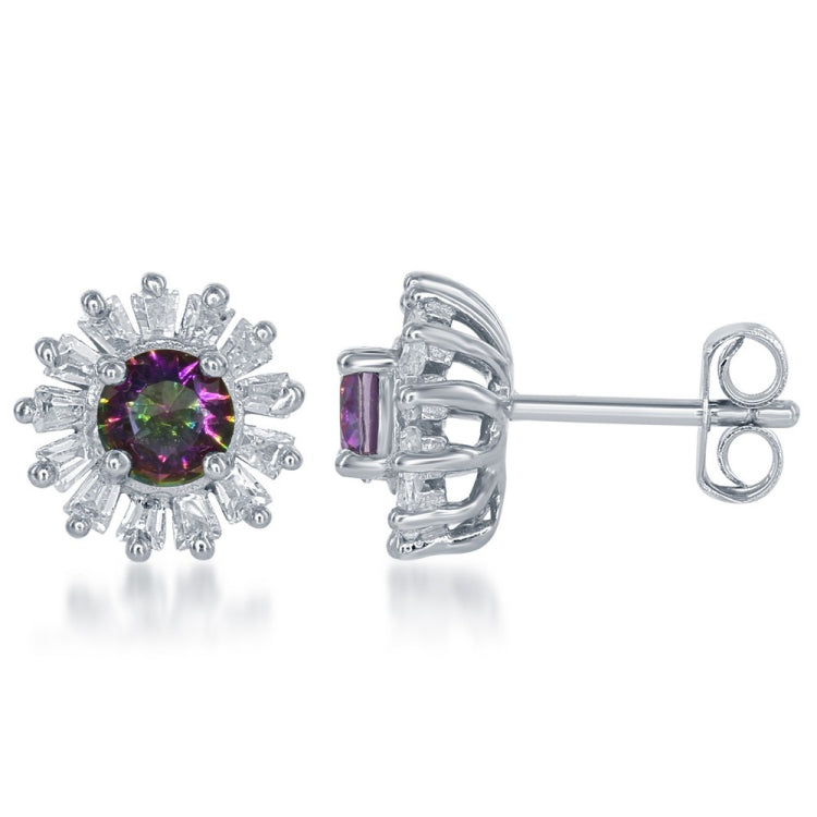 Sterling Silver Small Round Rainbow CZ with Baguette Border Stud Earrings