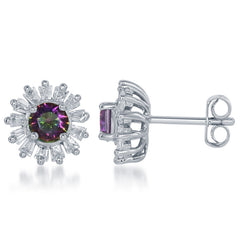 Sterling Silver Small Round Rainbow CZ with Baguette Border Stud Earrings