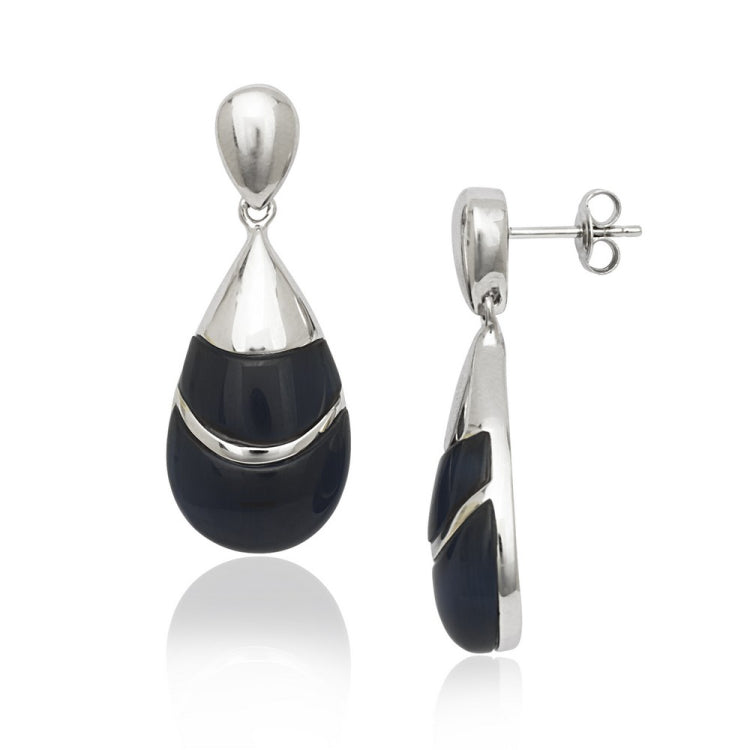 Sterling Silver Large Teardrop Blue Created Cat Eye Earrings