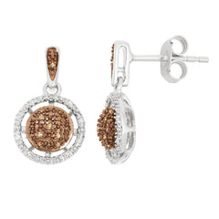 Sterling Silver Diamonds Circle with Center Chocolate Diamond Accent Earrings .10ct