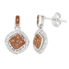 Sterling Silver Diamonds Square with Center Chocolate Diamond Accent Earrings .10 ct