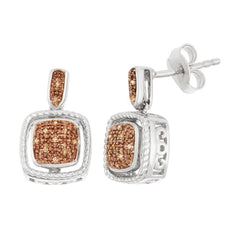 Sterling Silver Rope Style Square w/ Center Chocolate Diamond Accent Earrings .10 ct