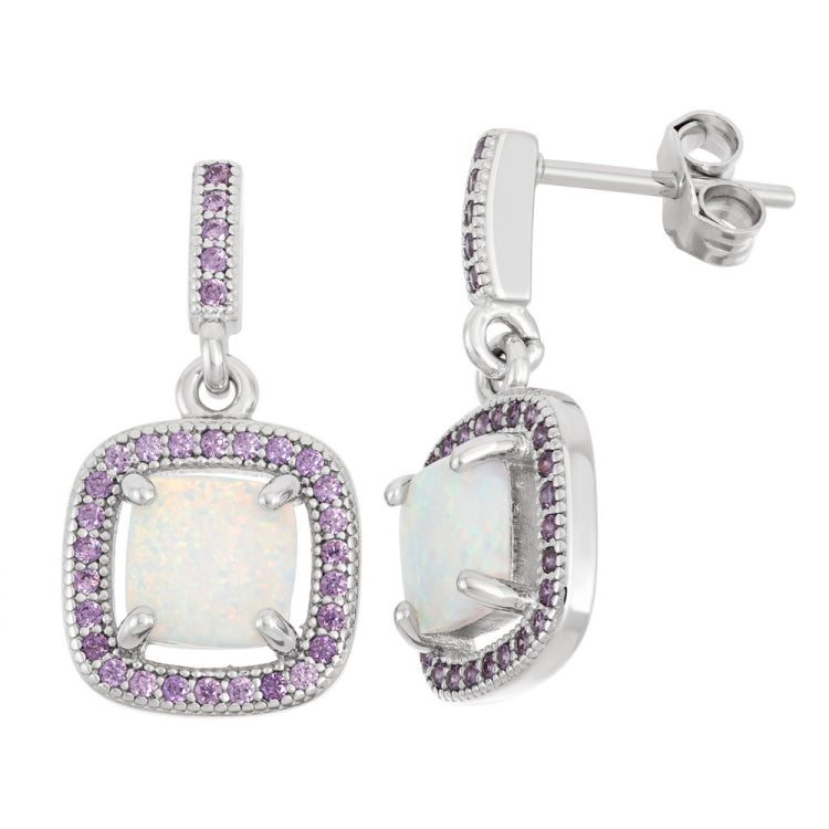 Sterling Silver White Inlay Opal with Surrounding Amethyst CZ Micro Pave Squares Earrings