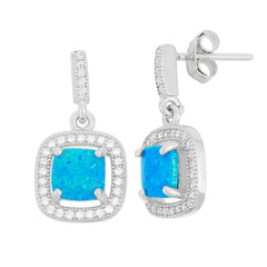 Sterling Silver Blue Inlay Opal with Surrounding Clear CZ Micro Pave Squares Earrings
