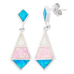 Sterling Silver White, Pink, and Blue Inlay Opal Diamond Shaped Earrings