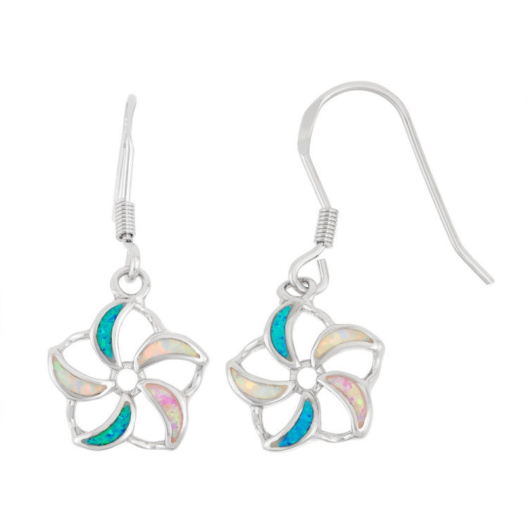 Sterling Silver White, Pink, and Blue Inlay Opal Pinwheel Flower Earrings