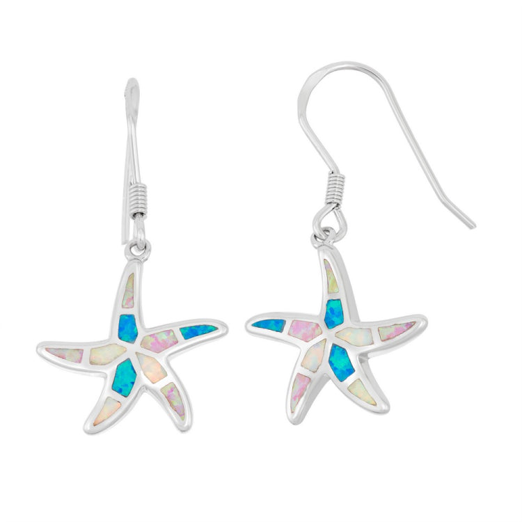 Sterling Silver White, Pink, and Blue Inlay Opal Starfish Earrings