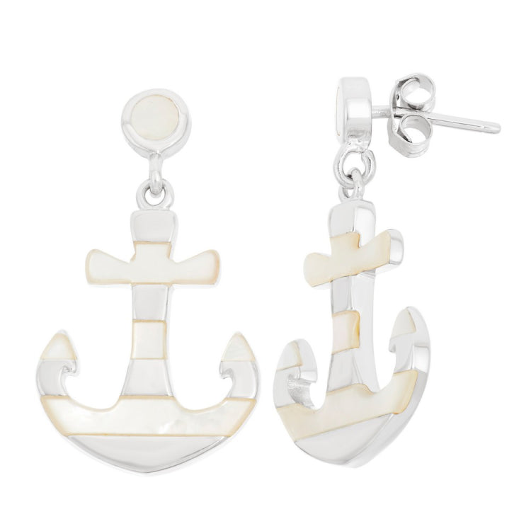 Sterling Silver White MOP Anchor Earrings