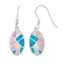 Sterling Silver White, Pink, and Blue Inlay Opal Mosaic Style Oval Earrings