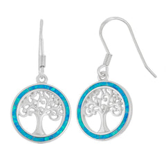 Sterling Silver Round Blue Inlay Opal with Center Tree of Life Earrings