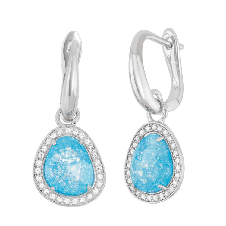 D-5719 Sterling Silver Rounded Triangle Dark Blue Ice with CZ Border Earrings