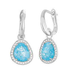 D-5719 Sterling Silver Rounded Triangle Dark Blue Ice with CZ Border Earrings
