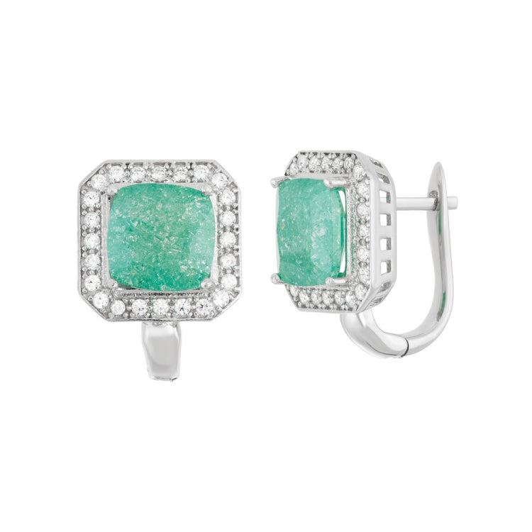 Sterling Silver Square Green Ice with CZ Border Earrings