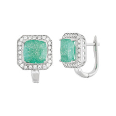 Sterling Silver Square Green Ice with CZ Border Earrings