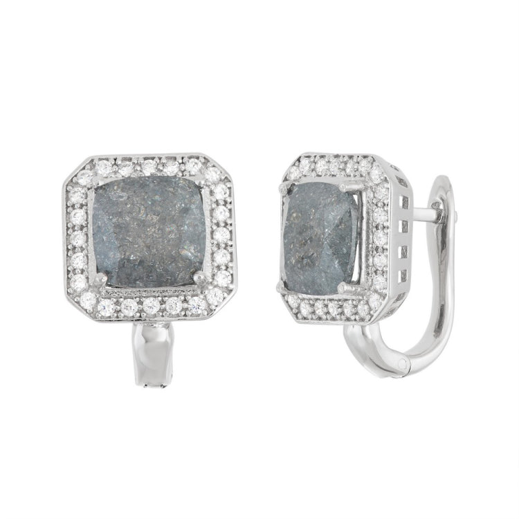 Sterling Silver Square Dark Gray Ice with CZ Border Earrings