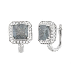 Sterling Silver Square Dark Gray Ice with CZ Border Earrings
