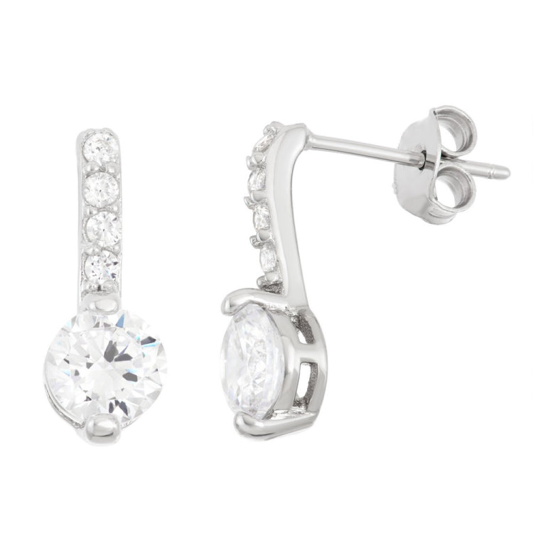 Sterling Silver Thin CZ Bar with Round CZ End Stud Earrings