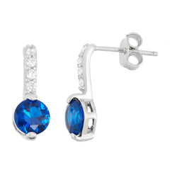 Sterling Silver Thin Dark Blue CZ Bar with Round CZ End Stud Earrings