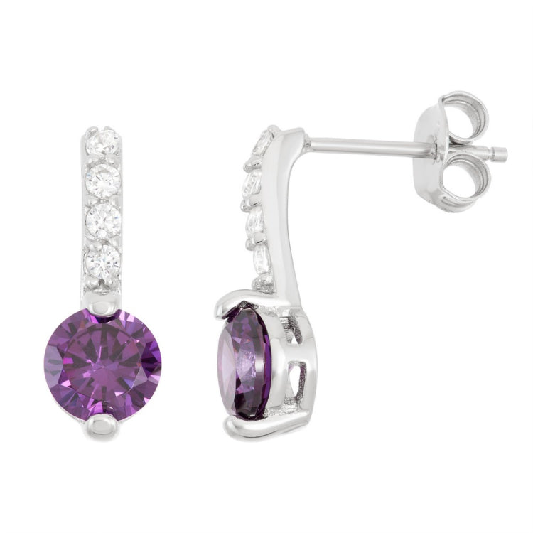Sterling Silver Thin Amethyst CZ Bar with Round CZ End Stud Earrings
