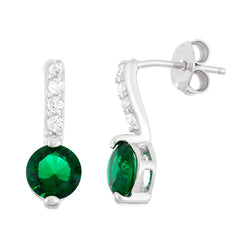 Sterling Silver Thin Emerald Green CZ Bar with Round CZ End Stud Earrings