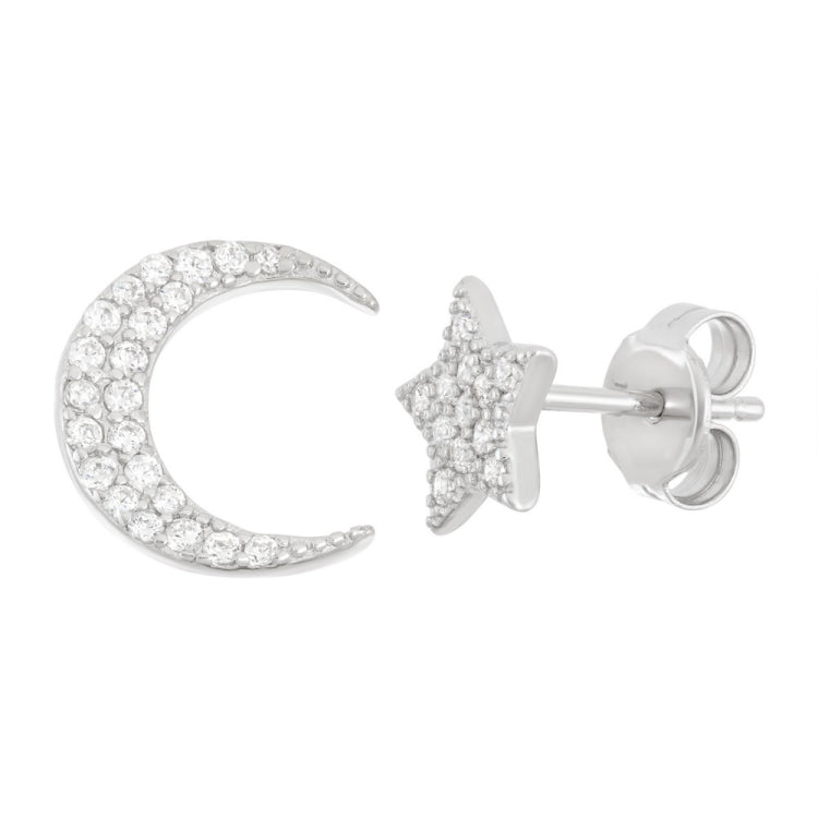 Sterling Silver CZ Half Pair Star and Half Pair Crescent Moon Stud Earrings