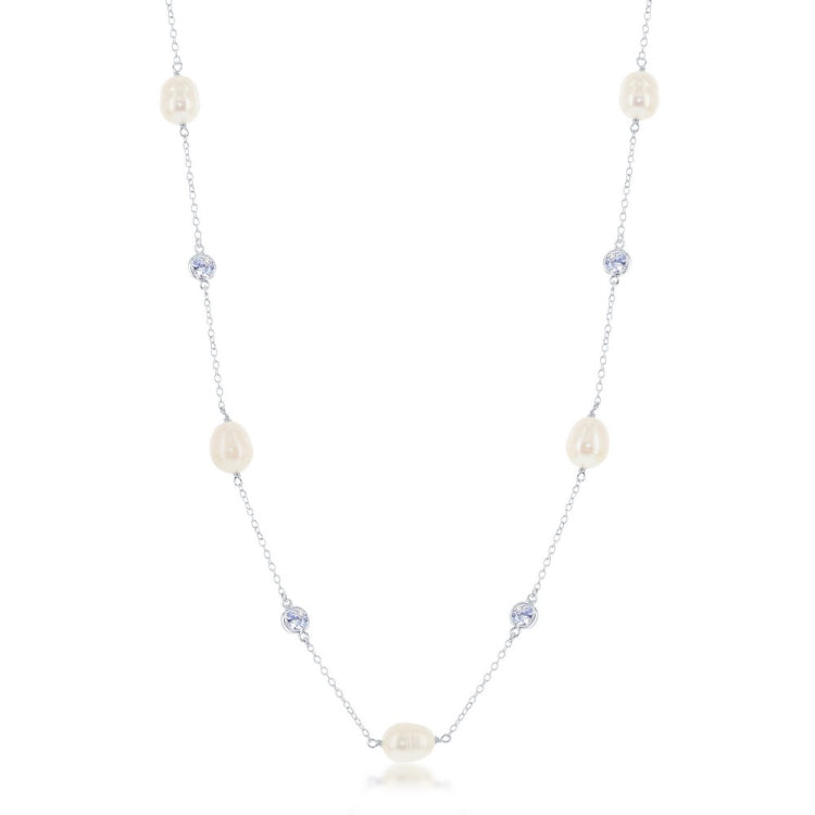 Sterling Silver Bezel Set CZ and Freshwater Pearl Necklace
