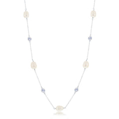 Sterling Silver Bezel Set CZ and Freshwater Pearl Necklace