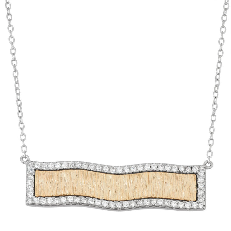 Sterling Silver Wavy Bar with CZ Border Necklace - Gold Plated