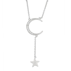 Sterling Silver CZ Crescent Moon with Hanging Star Neckalce
