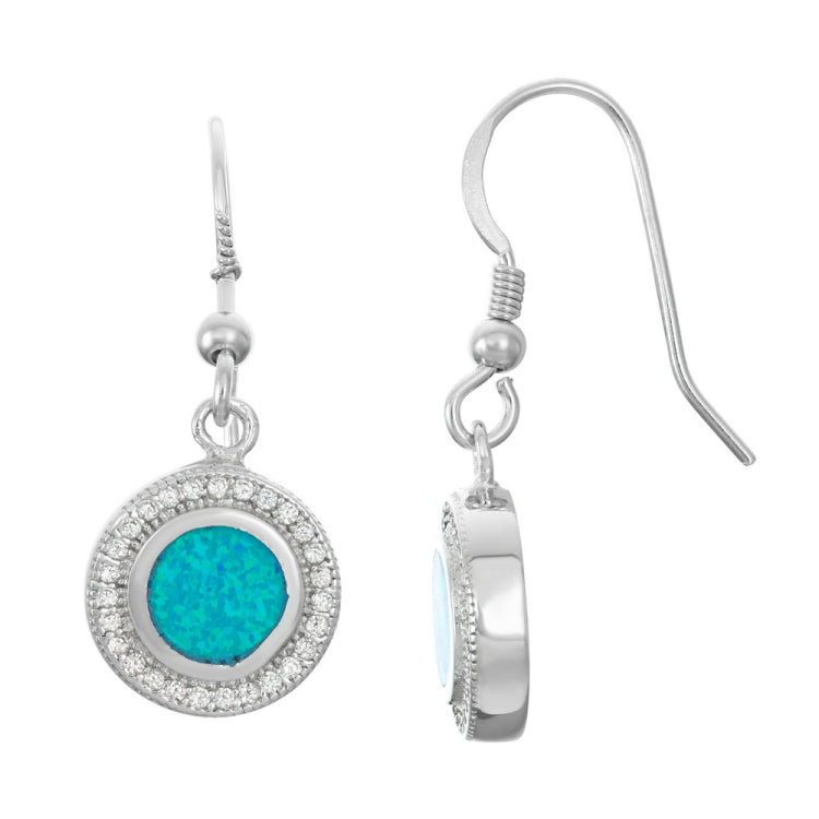 Sterling Silver Round Blue Inlay Opal with Micro Pave Border Earrings