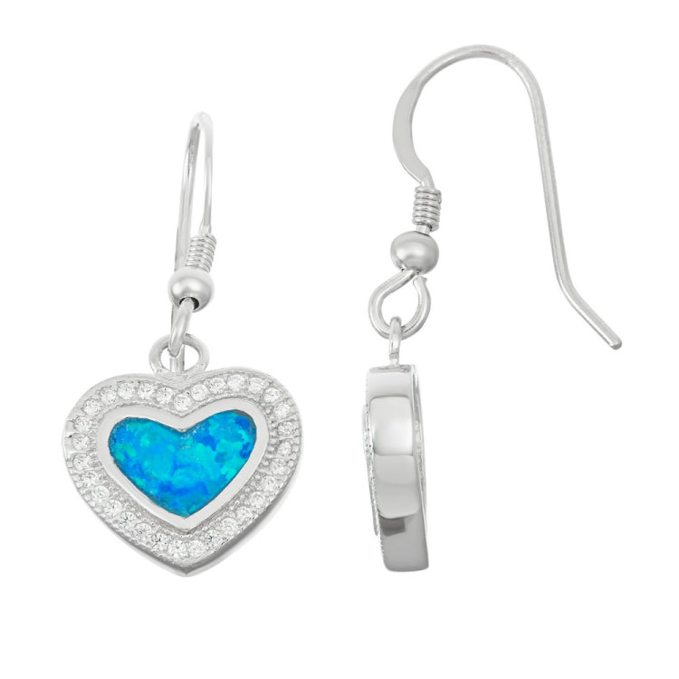Sterling Silver Heart Blue Inlay Opal with Micro Pave Border Earrings