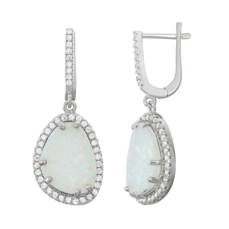 Sterling Silver White Inlay Opal Rounded Triangle with CZ Border Earrings