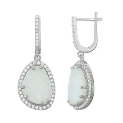 Sterling Silver White Inlay Opal Rounded Triangle with CZ Border Earrings