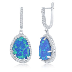 Sterling Silver Blue Inlay Opal Rounded Triangle with CZ Border Earrings